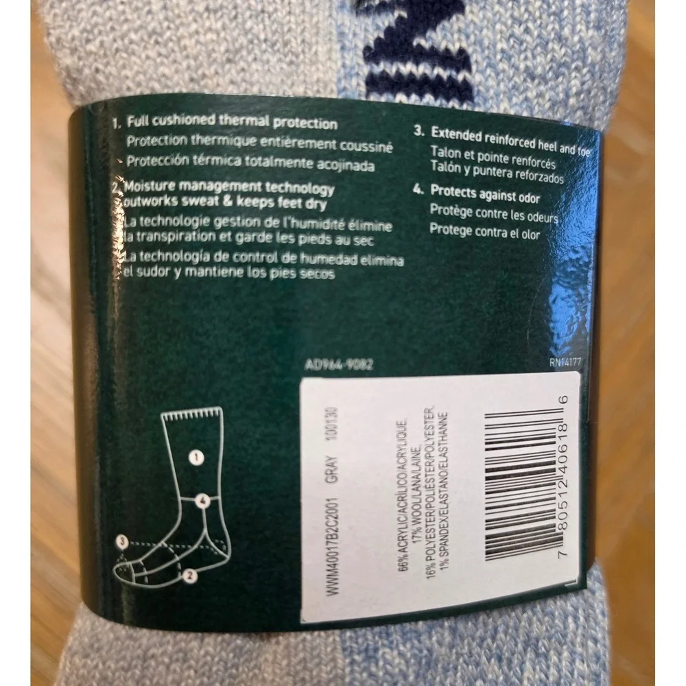 Wolverine Mens Upland Thermal Boot Crew Socks 2 Pair Pack Gray Blue Size Lg 7-12